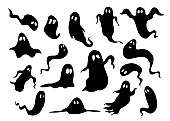 Cute vector set of Halloween silhouette elements. Collection of ghost, spirit. Halloween decorations Isolated holiday icons for festival, stickers, postcards. Decorative elements for celebrating