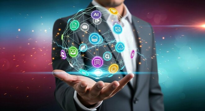 Glowing Mesh Sphere Interface with Interconnected Digital Icons Above Hand