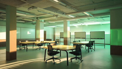 Modern bright office space interior with tables chairs whiteboards and ambient lighting