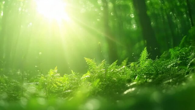 Sunlight beams through a lush green forest, illuminating vibrant ferns and foliage on the forest floor.