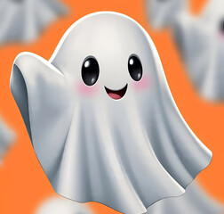 A white cute ghost with a happy expression is isolated on an orange background, creating a fun and friendly Halloween-themed design.
