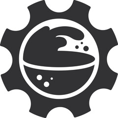 Abstract graphic of a gear containing liquid. Represents innovation, process, movement, or development. Good for science, mechanics, industry, or environmental themes.