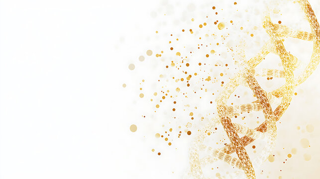 Golden DNA Strand with Scattered Particles on White Background