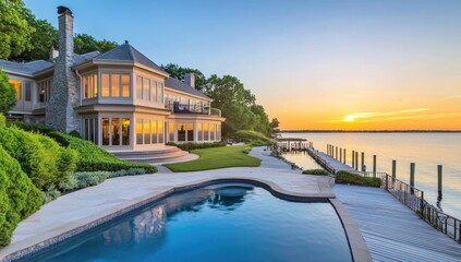 Luxurious waterfront estate at sunrise