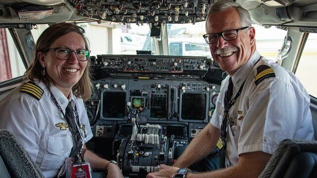 Pilot and Copilot in Aircraft Cockpit: A smiling female pilot and male pilot sit in the cockpit of a commercial aircraft.