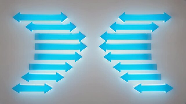 Abstract 3D Blue Arrows Facing Opposite Directions on Light Background Symbolizing Conflict or Choice