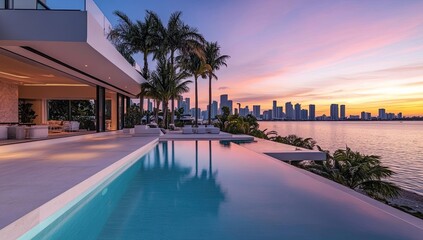 Modern beachfront house with infinity pool at sunset