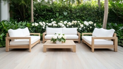 A beautifully designed outdoor seating area featuring white cushion sofas and a coffee table, surrounded by lush greenery and blooming white flowers, creating a serene atmosphere.