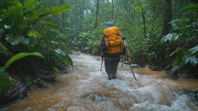 Adventurer's Trek Through Rainforest Stream: An explorer forges ahead, navigating a rushing stream in the heart of a vibrant, verdant rainforest, laden with a large backpack.