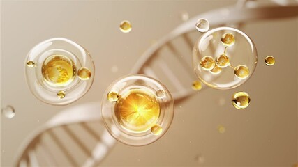Essence cell whitening and repairing molecules, golden essence, uric acid, water and oil molecule extraction, beauty and skin care, 3D animation rendering