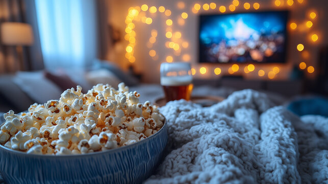 A bowl of popcorn on a blanket in a cozy room with warm fairy lights and a TV in the background is the perfect atmosphere for watching movies at home. - Powered by Adobe