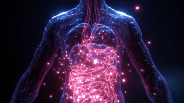 Glowing pink particles illuminating intricate digestive system network, representing optimal physiological function and wellness within transparent human anatomy