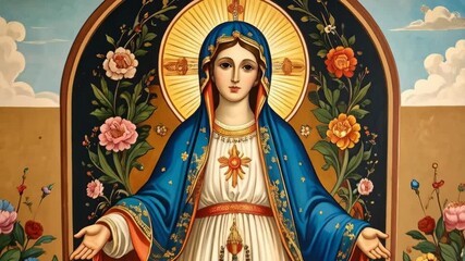 Religious woman figure in a painting surrounded by floral arrangements against a blue sky with clouds depicted in classic artistic style - Powered by Adobe