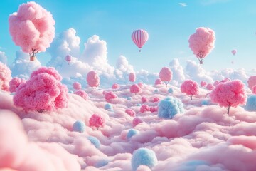 A whimsical, pastel-hued landscape of floating cotton candy clouds and trees