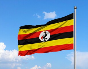 flag of  uganda Ugandan Flag with Crested Crane Waving Under a Bright Blue Sky