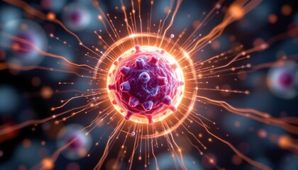 Obraz premium stock photo, abstract concept of a human cell being protected by a glowing energy shield, cellular defense and immunology, sharp focus, with absolutely no text, no logos, no letters, no words
