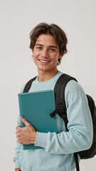 Obraz premium Smiling young man in casual outfit holding a notebook and wearing a backpack against a plain background