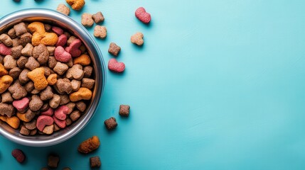 A metal bowl filled with assorted colorful pet food kibble set against a bright blue background, illustrating a playful, vibrant theme focused on pet care and happiness.