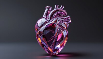stock photo, 3d render of a stylized human heart made of crystal or glass, cardiology concept art, glassmorphism style, sharp focus, with absolutely no text, no logos, no letters, no words