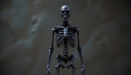 stock photo, 3d render of a human skeleton made of polished, dark metal, on a moody background, anatomical art, sharp focus, with absolutely no text, no logos, no letters, no words, not blurry.