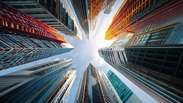 City Skyline: A stunning low-angle shot captures the grandeur of a city skyline, featuring modern skyscrapers reaching towards the bright, open sky. Emphasizing verticality and urban development. 