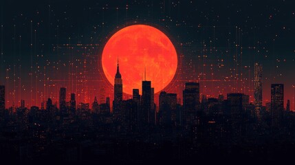 Futuristic cityscape with vibrant red moon and digital network overlay