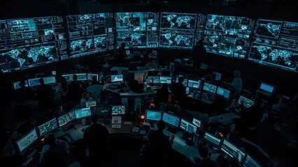 High-tech control room with multiple monitors displaying global data and maps in a dark, futuristic environment