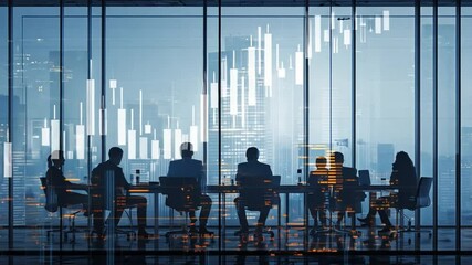 Strategic Meeting: Business professionals in a modern office setting, illuminated by financial data graphics, engage in a strategic meeting, symbolizing collaboration and the pursuit of success.  - Powered by Adobe