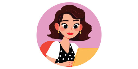 A charming businesswoman depicted in a vibrant illustration, engrossed in her work on a laptop. This digital artwork showcases a cheerful and diligent individual, surrounded by an artistic aura.