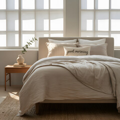 Obraz premium Serene Bedroom Scene Morning Light Relaxing Retreat Comfort and Style