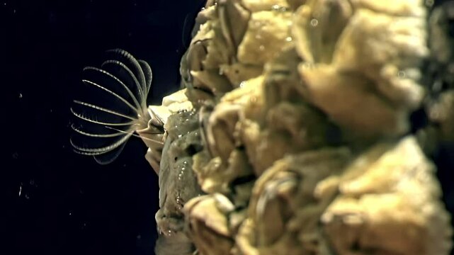 Witness the Balanus clam's intricate feeding process as it filters plankton from the dark depths of the White Sea. Shot at night, this natural spectacle reveals underwater life.
