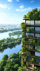 Modern Green Building with Nature Elements Overlooking Urban River
