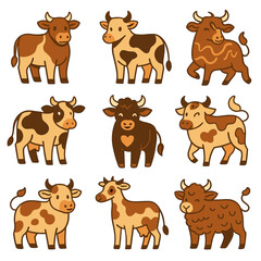 Obraz premium Cute Brown Cartoon Cows in Different Poses, Vector icon set