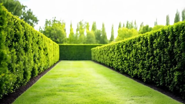 Green garden hedge wall background, perfect cut grass lawn, vibrant foliage row, outdoor natural space, plant texture