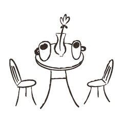 Cafe table with chairs and coffee, hand drawn doodle, vector illustration isolated on white background. Outline sketch style with grunge vintage texture. Cafe concept.