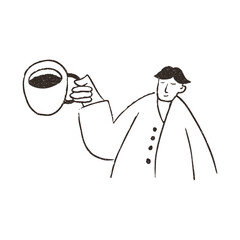 Man holds big cup of coffee, hand drawn doodle, vector illustration isolated on white background. Outline sketch style with grunge vintage texture. Cafe and restaurant concept.