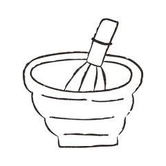 Matcha preparation bowl and bamboo whisk, hand drawn doodle, vector illustration isolated on white background. Outline sketch style with grunge vintage texture. Cafe and restaurant concept.