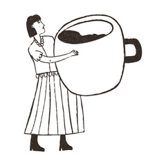 Woman carrying huge cup of coffee, vector illustration isolated on white background. Outline sketch style with grunge vintage texture. Cafe concept.