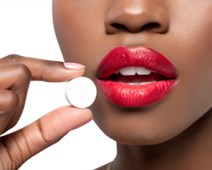 Close-up of a young African woman with dark skin and red lips holding a white tablet near her mouth. The background is transparent.