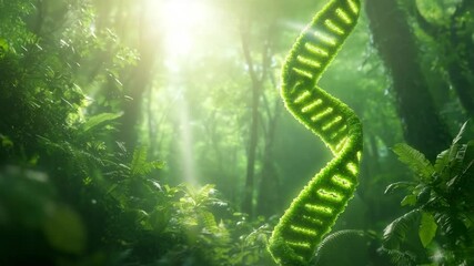 environmental conservation technology, nature and sustainable concept.A glowing green DNA double helix forms from plant material amidst a lush, sunlit forest. - Powered by Adobe