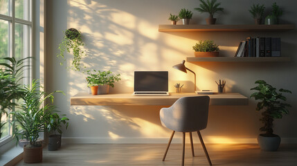 Modern home office with floating wooden desk, closed laptop, stylish chair, houseplants, wall shelves and warm sunset light. Cozy and peaceful workspace. Natural vibes.