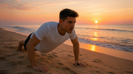 Young man doing push-ups on sandy beach during sunrise or sunset, focused on outdoor fitness by the ocean. Morning strength training. Motivated and determined.
