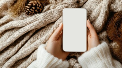 A cozy scene featuring hands gently holding a smartphone against a backdrop of a knitted blanket and pine cones evokes warmth, comfort, and personal connection.