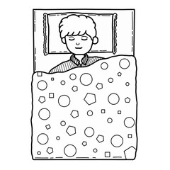 Hand drawn vector illustration boy sleeping peacefully in bed, for greeting card, poster. Kids bedtime routine