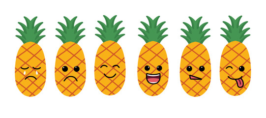 Cute pineapple emoticons set fruit expressions. Hand drawn Kawaii pineapple characters