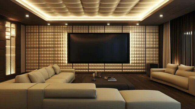 Upscale entertainment room with large flat screen wall acoustic panels plush sectional and integrated ceiling lights