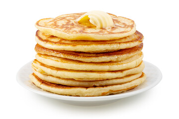 Stack of pancakes with butter swirl on top. File contains clipping path.
