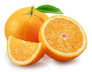 Orange fruit with green leaf and orange slices on white background. File contains clipping path.