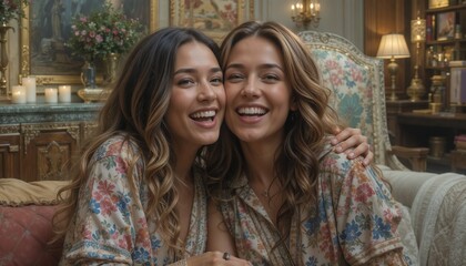 Two joyful young women posing together and smiling happily in a cozy vintage living room