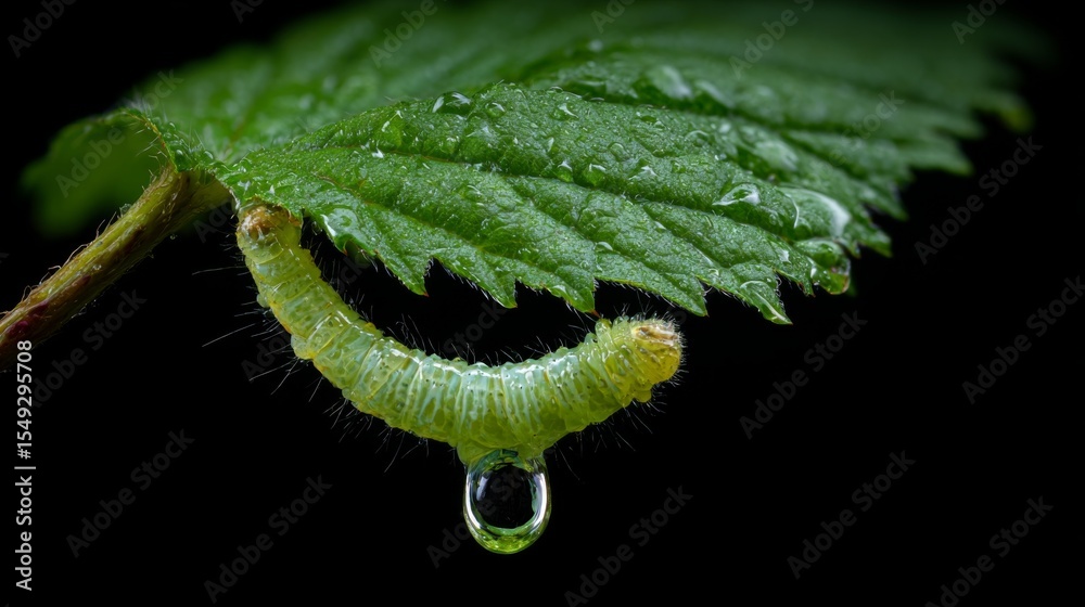 Poster an enchanting shot of a caterpillar hanging upside down from a leaf, preparing for its transformatio